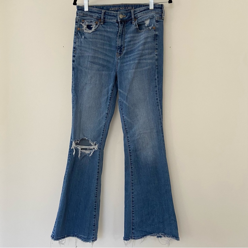 American Eagle Super Stretch Super High Rise Flare Jeans Size 8 Distressed City